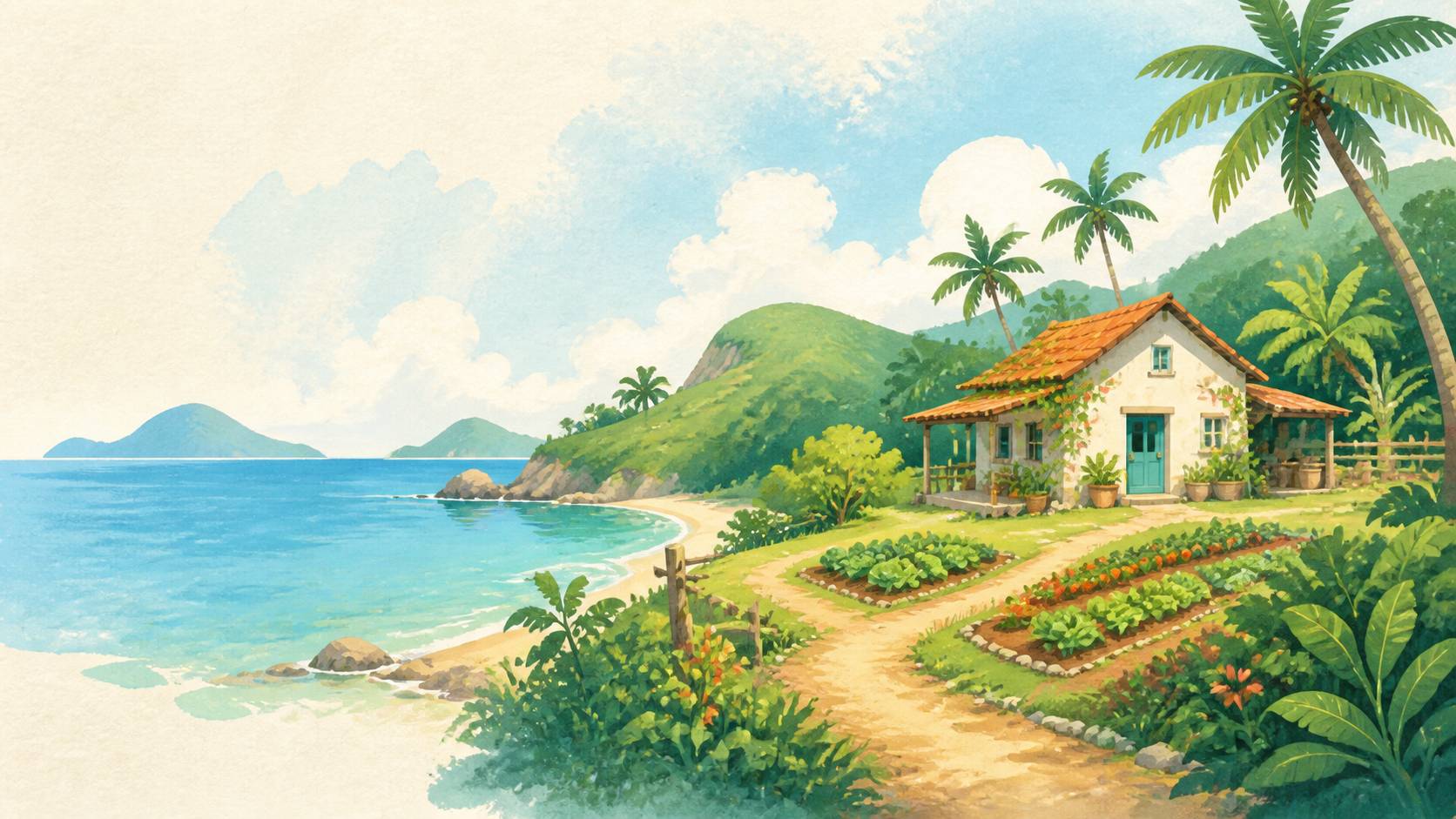 Original sunny tropical island farm with a beach, farmhouse, crop beds, hills and palm trees